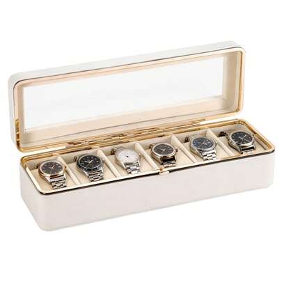6-Slot Watch Box With Glass Lid – Elegant Watch Display Case For Men And Women, Featuring Removable Pillows, Metal Clasp & Velvet-Lined Synthetic Leather