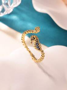 Anel em aço inoxidável banhado a ouro 18K com cavalo-marinho em zircônia azul, acessório de joalheria com tema oceânico, presente de Natal para namorada/filha.