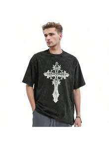 Men's Vintage Washed Y2g Streetwear Casual T-Shirt-Men's Heavy Weight Retro Washed Loose T-Shirt-Second-Hand Black Color Nostalgic Workout Shirt With White Greek Letter Print, Round Neck Short Sleeve Casual And Sports Top, Machine Washable Suitable For Fitness, Daily Wear And Wear Bandage Dress (Durable Retro Appearance, Youth Loose Design, Comfortable Fit, Long-Term Non-Fading, Ideal For Leisure And Fitness)-Thick Fabric, Distressed Texture, Young Style, Suitable For Gym And Weekend Wear, Plus Size-Suitable For Daily Wear, Party2025 - 黑-e - 查看 18