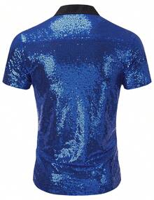 Men's Sequin Shirt 70s Costume Nightclub Party Short Sleeve Sparkle Disco Shirts - 藍色 - 查看 2