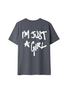 Tricou de vară pentru femei, cu imprimeu personalizat, cu guler rotund, stil de purtare zilnică, I'am Just Girl. Tricouri grafice pentru femei - Gri inchis - Vizualizare 3