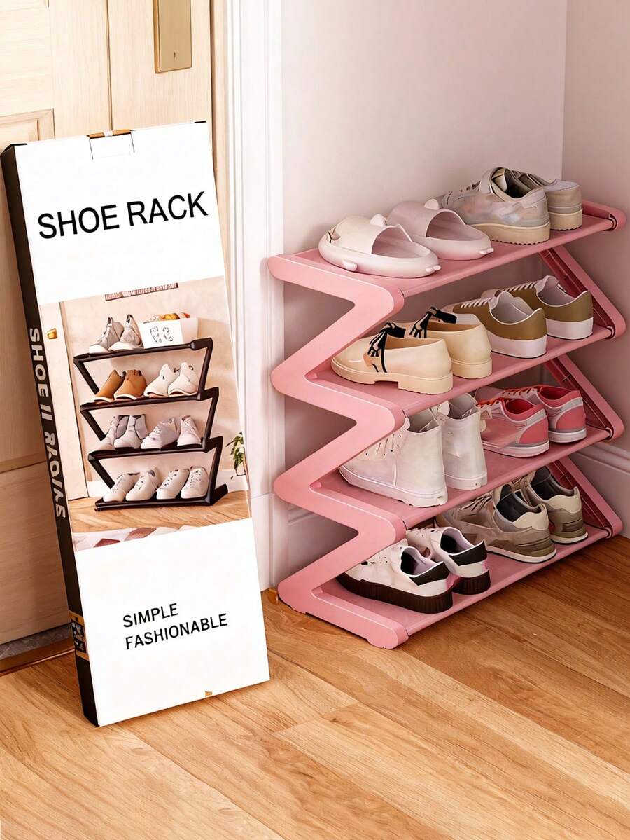 Four-Layer Large Z-Shaped Shoe Rack, Easy To Assemble Without Tools, Pink Plastic Stackable Storage Organizer, Suitable For Home, Dormitory And Living Room, Space-Saving Floor Design, Shoe Storage Organizer