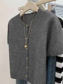 Áo thun nữ mùa xuân/hè tối giản cổ tròn màu trơn cài kim loại tay ngắn thanh lịch, đa năng. - Xám - Xem 3