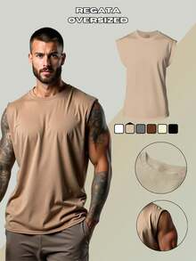 Men's Macho Tank Top, Low-Cut, Bodybuilder Style, Workout Gym, 100% Premium Cotton - Khaki - View 10