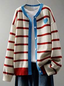 女士爱心条纹针织开衫，柔软舒适，开襟设计，撞色滚边，宽松版型，适合情人节、新年浪漫约会和日常休闲穿着，白色 - 白色 - 查看 6