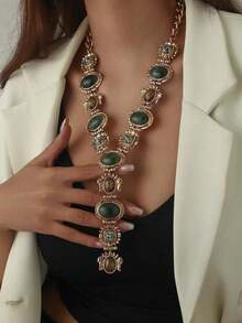 1pc Vintage Luxury Green Square Rhinestone Necklace, Unique Retro Elegant Y-Shaped Clavicle Chain, Exquisite High-End Regal Style Rhinestone Square Choker Necklace, Suitable For Women's Daily, Banquet, Party Wear - 金色 - 查看 7