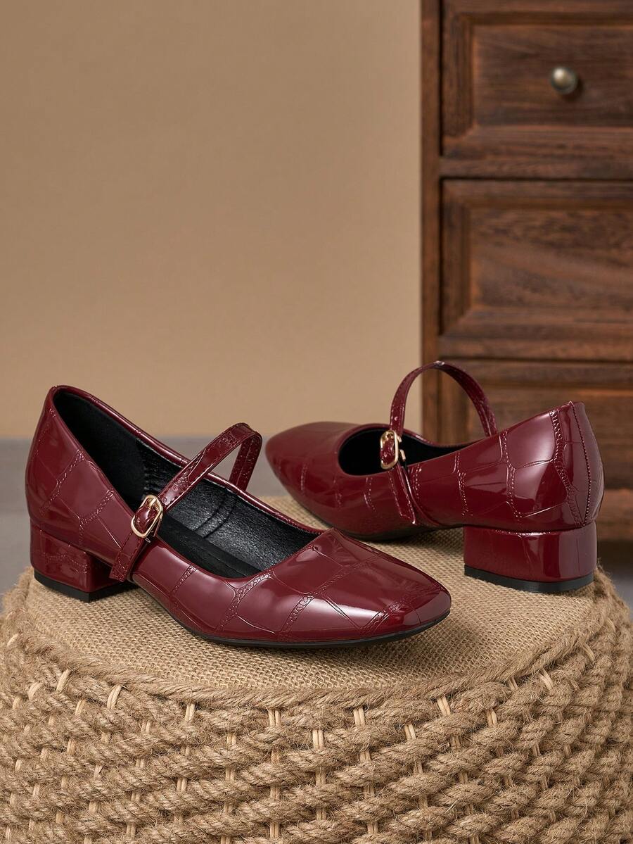 Wine Red Patent Textured Square Toe Mary Jane Low Block Heel Shoes – 3cm - Burgundy - View 1