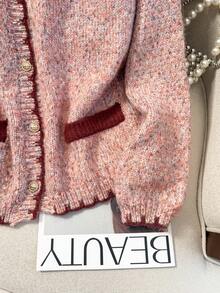 JIANHU كارديجان محبوك بتريم متباين من الوردي والأحمر - خريف/شتاء، مع أزرار ذهبية وجيوب عملية، مناسب لحفلات عيد الميلاد والغداء الفاخر - وردي - مشاهدة 8