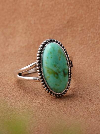 1pc Vintage Oval Green Printed Faux Turquoise Ring