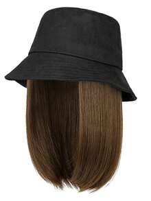 可拆卸渔夫帽假发，齐肩长发，自然外观合成纤维耐热全顶帽假发适合日常佩戴 - 彩色 - 查看 15