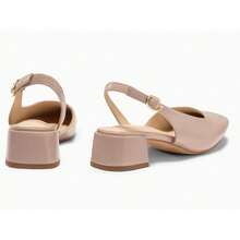 Womens Chunky Low Heels D'Orsay Slingback Pumps Closed Square Toe Work Office Dress Shoes - 卡其色 - 查看 5