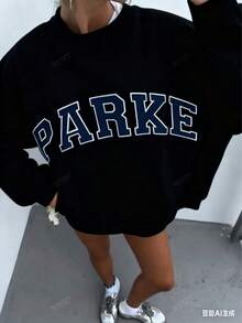 Women's Casual Letter Print Oversized Pullover Sweatshirt, Loose Fit Crew Neck Long Sleeve Hoodie, Fall Outfits For Airport, Back To SchoolNew Women's Fashion Breathable Printed Short Sleeveschristmas Outfit Women - 黑色 - 查看 9