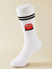 Disney 5双装汽车卡通图案男士船袜，黑白条纹，可爱图案，防臭，吸湿排汗，休闲百搭，适合学生/成人作为礼物或日常穿着 - 白色 - 查看 10