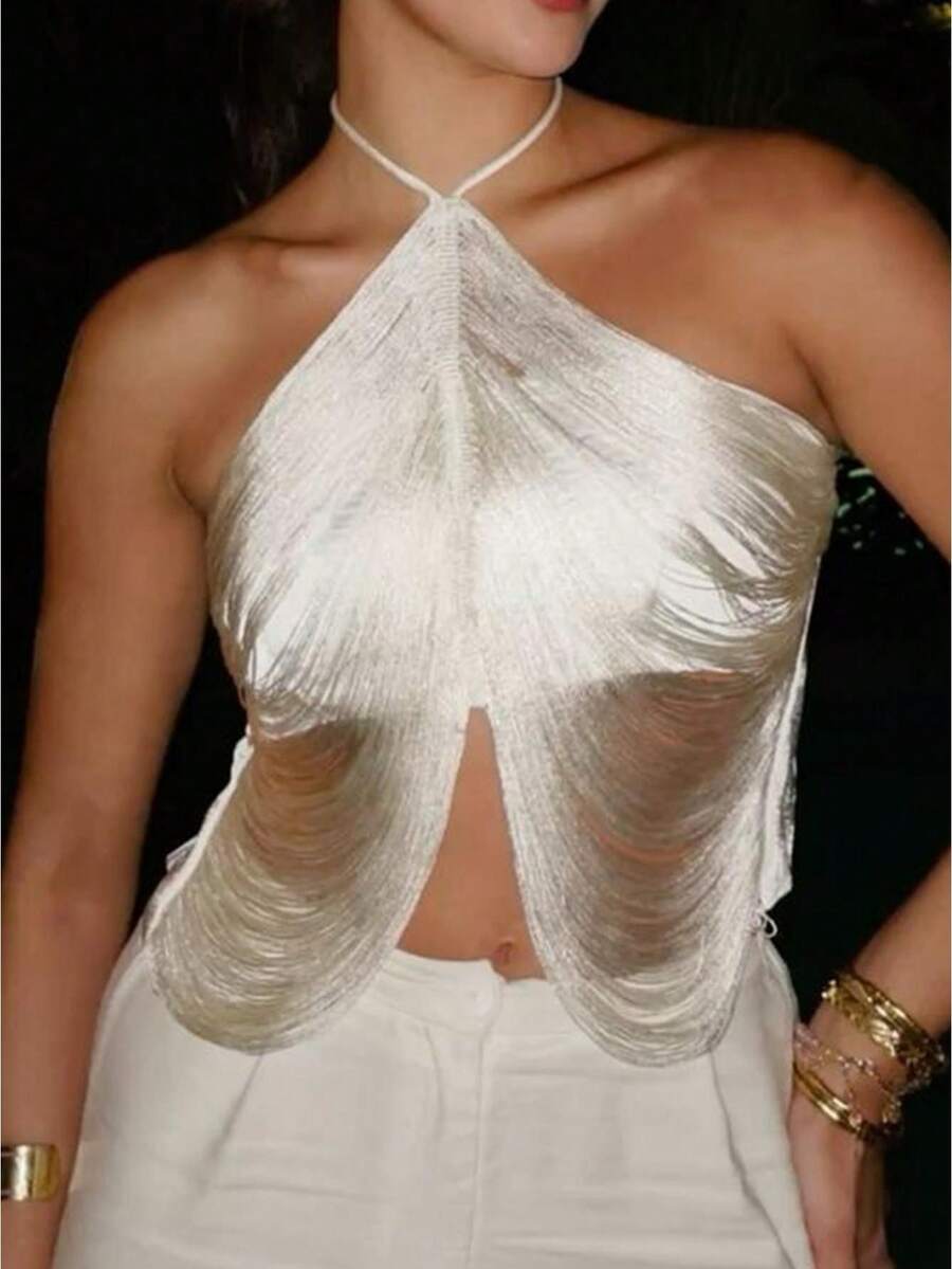 Women Y2K Backless Tie Up Bandage Crop Tops Tassel Halter Camisole Summer Sleeveless Close-Fitting Cut Vest Night Out Clothes - 白色 - 查看 1