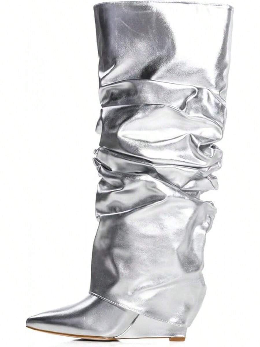 Women's Slouched Ruched Fold Over Boots - Patent Leather Covered Wedge Heel Wide Calf Pointed Toe Knee High Casual Boots - Silver - View 1