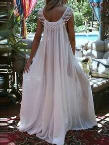 Plus Size Summer Chiffon Elegant Lace Trim Dress White - White - View 3