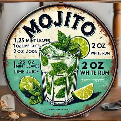 1 Pc "Mosito Roostertail" Iron Wall Plaque, Round Metal Iron Plate, Pre-Drilled, Waterproof, All-In-One Indoor/Outdoor Decor, 19.99x19.99 Cm, With English Text, Suitable For Garage, Home, Bar, Cafe, Garden, 2D Flat, Ideal For Room Decor, Holes Reserved As Size Shown