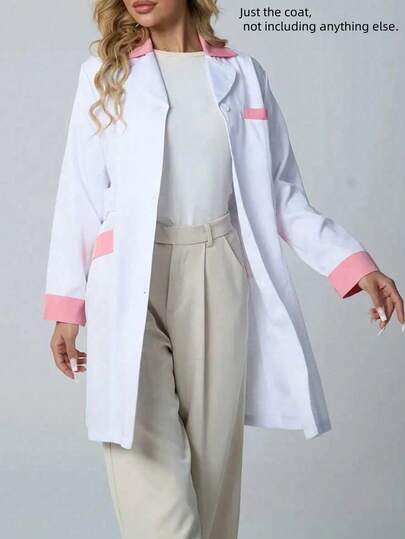 Long Sleeve Contrast Color Lapel Lab Coat, Fashion Workwear For School Lab, Pharmacy, Commuting, Role Play
