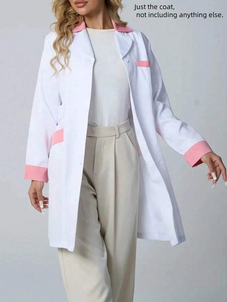 معطف أكمام طويلة بألوان متباينة، ملابس عمل عصرية للمختبر المدرسي، الصيدلية، التنقل، والألعاب التمثيلية - أبيض - مشاهدة 1