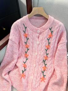 JIANHU Áo khoác cardigan thêu hoa cổ điển dành cho nữ | Áo len dệt kim màu kem | Áo len ấm áp mùa thu đông | Áo len mềm mại kiểu Hàn Quốc | Ấm áp và đa năng cho Giáng sinh, tiệc năm mới và trang phục hàng ngày - Hồng - Xem 6