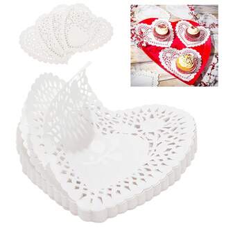 100片心形纸垫 - 情人节蕾丝圆形纸垫，适用于手工制作 - 一次性纸质餐垫 - 适用于婚礼、生日、蛋糕、甜点、餐具、派对装饰，白色