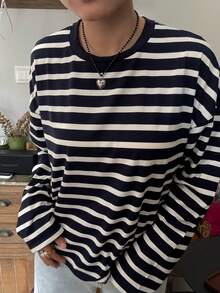 Womens Loose Tunic Tops Long Sleeve Round Neck Stripes Print T-Shirts Spring Fall Blouses - Navy Blue - View 8