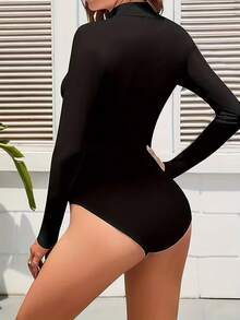 Damen eleganter Rollkragen Langarm Bodysuit, einfarbiger Strickstoff, maschinenwaschbar, geeignet für Herbst/Winter - Schwarz 2 - Übersicht 2