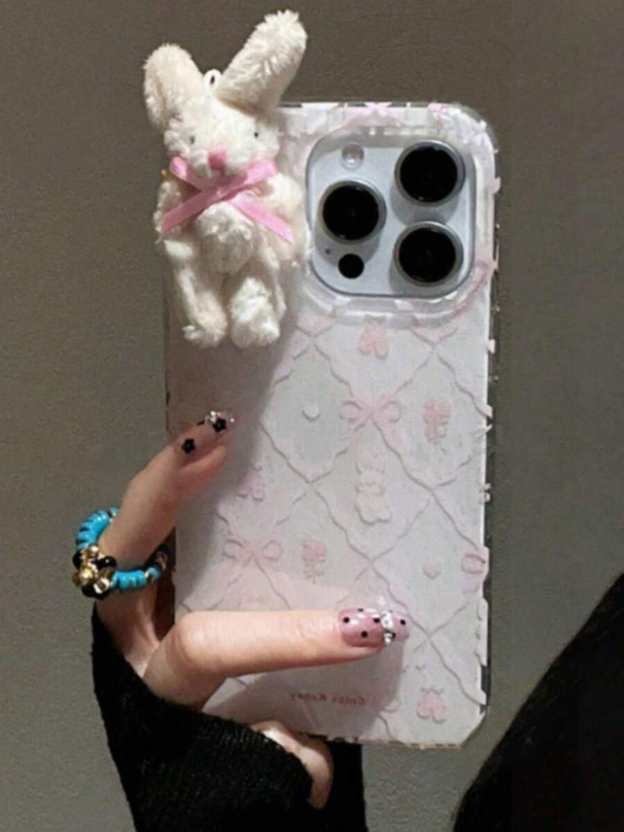 Funda de teléfono suave con diseño de lazo 3D de conejo, patrón de rombos rosa, moño, animal, flor, floral y graffiti, compatible con iPhone 17 Pro Max, 17 Pro, 17 Air, 16, 15 Pro Max, 14, 13 Pro Plus, 12, 11, como regalo - Blanco - Ver 1