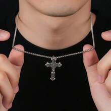 1pc European & American Cross Necklace, Stainless Steel Pendant Chain For Men, Versatile & Unique - Silver - View 8