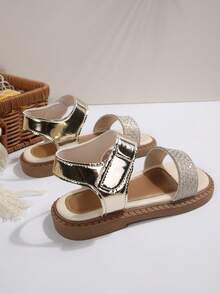 Girls' Shiny Glitter Strap Open Toe Flat Sandals, Non-Slip Sweet Style, Gold PU With Sequins, Fashion Princess Design For Summer, Beach, Travel, Daily Wear - Gold - View 5