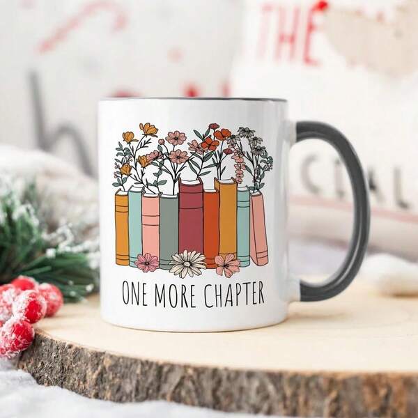 One More Chapter Book & Flower Ceramic Mug - 11oz Novelty Coffee Mug With Colorful Book Stack & Floral Design, Perfect Gift For Book Lovers/Readers/Bookworms, Dishwasher White Mug With Black Interior, Adorable Literary-Themed Drinkware For Morning Coffee/Tea, Cute Bookish Gift For Birthdays/Book Club Parties