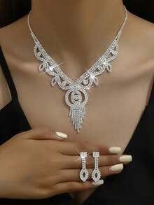 3pcs Fully Rhinestoned Luxury Bridal Jewelry Set - Necklace, Earrings, Suitable For Formal Events - Silver-white - View 2