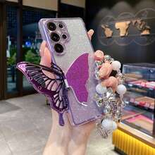 (With Bracelet) Luxury Butterfly Stand Phone Case, Dust-Proof Thick Edge Protection Cover Compatible With Samsung Galaxy S24 Ultra/S24 Plus/S24, S23 Ultra/S23 Plus/S23, S22 Ultra/S22 Plus/S22, S21 Ultra/S21 Plus/S21 FE, S20 Ultra/S20 Plus/S20 FE, A5x/C1 2 3 4 5 6 7 8 9/9 8 7 6 5 4 3 2 1 - Purple + Stand + Bracelet - View 3