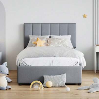 Kinderbett Polsterbett 90x200 Cm, Hydraulic Stauraumbett, High-Freundliches Leinen-Hochkastenbett, Grau