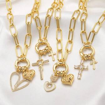 18K Gold Plated Copper Personalized Heart Cross Zirconia Pendant Necklace, Suitable For Women Paperclip Chain Necklace Choker Jewelry