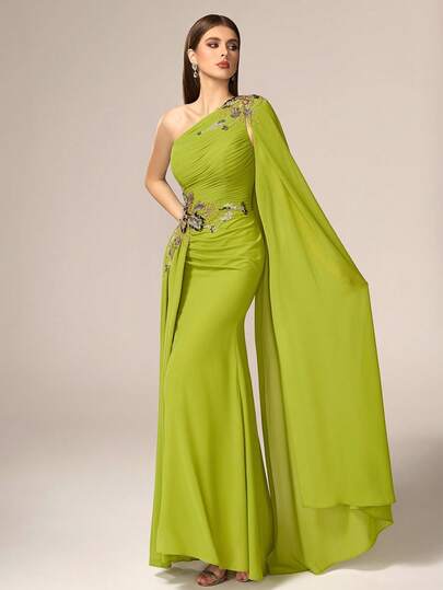 Elegant & Luxurious Lime Green Chiffon Evening Gown - Asymmetrical One-Shoulder With Draped Cape Sleeve, Ruched Bust & Embellished Floral Sequin Accents, Slit Mermaid Silhouette | Ideal For Gala Dinners, Red Carpet Events