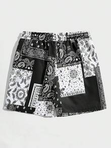 Men's Boho Paisley Print Drawstring Waist Summer Shorts With Pocket - Black Multi Paisley - View 10