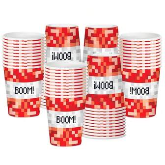 9オンス TNT ピクセル紙コップ 10/20/40個セット モザイクピクセル バースデーパーティー用 レッドブロック ビデオゲームテーマ 紙コップ ゲーマーパーティー装飾用品