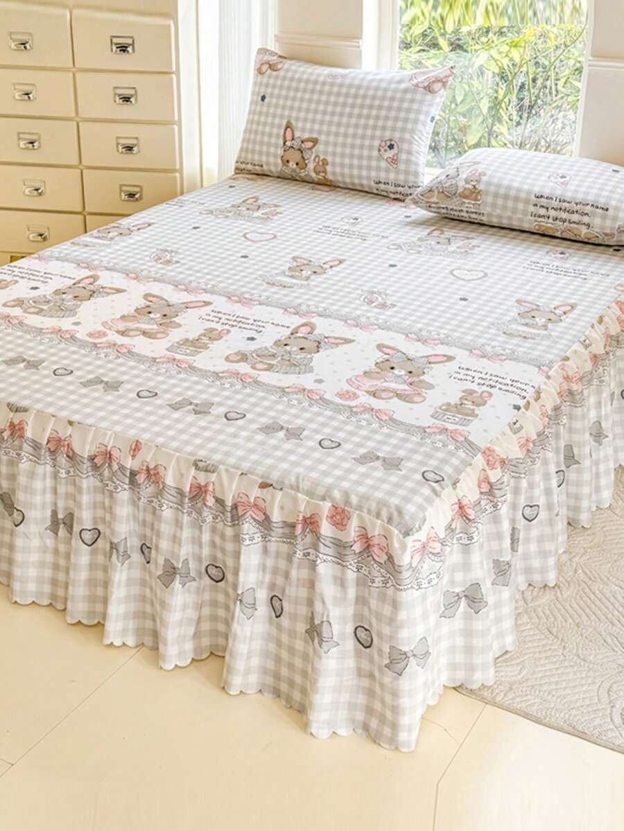3pcs Set (1pc Bed Skirt, 2pcs Pillowcases) Rabbit Ear Bow Plaid Heart Print Bed Skirt, Ruched Hem, Full Coverage Dust-Proof Bed Skirt, Ruched Hem, 3pcs Pleated Bed Skirt Set With 2 Pillowcases, Soft Brushed Microfiber, Moisture-Wicking, Washable, Non-Fading, Antibacterial Mattress Protector Set