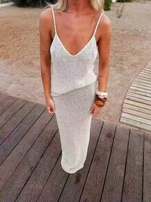 Conjunto de camiseta de tirantes y minifalda de estilo sexy de punto, al estilo europeo y americano, conjunto de ropa de playa de verano en blanco - Blanco - Ver 3