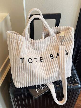 Retro European Fashion Corduroy Material Letter Print Women Elegant Shoulder Tote Bag College Student School Bag, Vintage Tote Bag With Shoulder Strap. New Fashion Solid Color Simple Tote Bag, Large Capacity Briefcase Suitable For Work, School, Versatile And Elegant