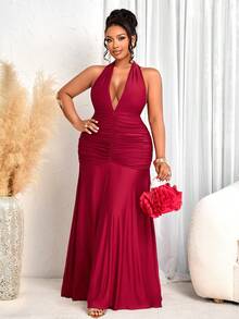 BIUBIU 大码女士褶皱抹胸修身连衣裙，无袖针织优雅正式连衣裙，优雅女士连衣裙 - 酒紅色 - 查看 7