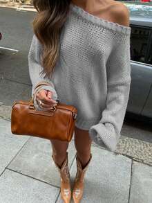 Áo len cổ tròn màu trơn dáng suông phong cách thường ngày dành cho nữ của HoloChill, thích hợp cho mùa hè, kiểu dáng mới và đa năng. - Xám - Xem 3