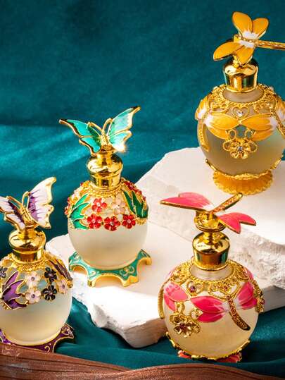 Floral & Butterfly Painted Glass Sphere Bottle, Vintage Metal Luxury Style Perfume Refill Bottle, Cosmetic Refill Container, Decorative Essential Oil Bottle, Reusable Refillable Container, Holiday Travel Personal Care Perfume Refill Bottle