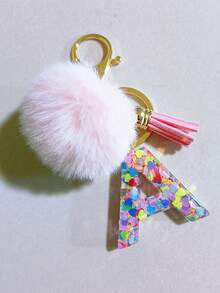 1 件字母首字母钥匙扣可爱毛绒绒球钥匙链环包背包饰品汽车挂件女士女孩礼物，可爱亮片树脂钥匙扣，钱包和手提包配件，带流苏的钥匙扣，字母首字母 A-Y 学校 - 粉色 - 查看 15