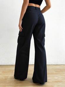 Pantalones largos de bombeo de cuerda para mujeres, bolsillos de ajuste de bombeo de cuerda para cinturones, tejidos de algodón y poliéster ligeros, cómodos y transpirables, lavables a máquina, casual diario - Negro 1 - Ver 2
