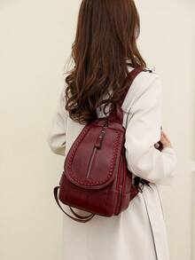 时尚PU材质翻盖背包，多层单肩包，多种背法，适合学生及各种场合 - 酒紅色 - 查看 2