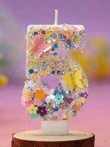 1支彩色手工数字生日蜡烛 - 可爱的花卉蝴蝶图案，闪亮数字0-9蜡烛，燃烧时间短，适合儿童生日派对装饰和庆祝活动，包含1支数字蜡烛，室内使用，生日蜡烛 - 彩色 - 查看 14