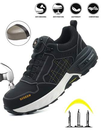 siiseen Men's Steel Toe Safety Shoes, Button Design, Anti-Smash, Anti-Puncture, Rubber Sole, Industrial Work Shoes