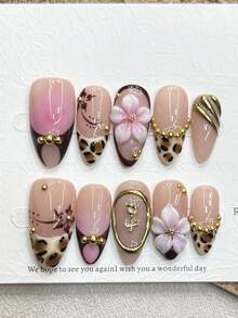 10pcs French Leopard Print Almond Shaped 3D Carved Glamorous Y2K Metallic Gilded Studded Handmade Press-On Nail Tips Nails - Multicolor - View 1